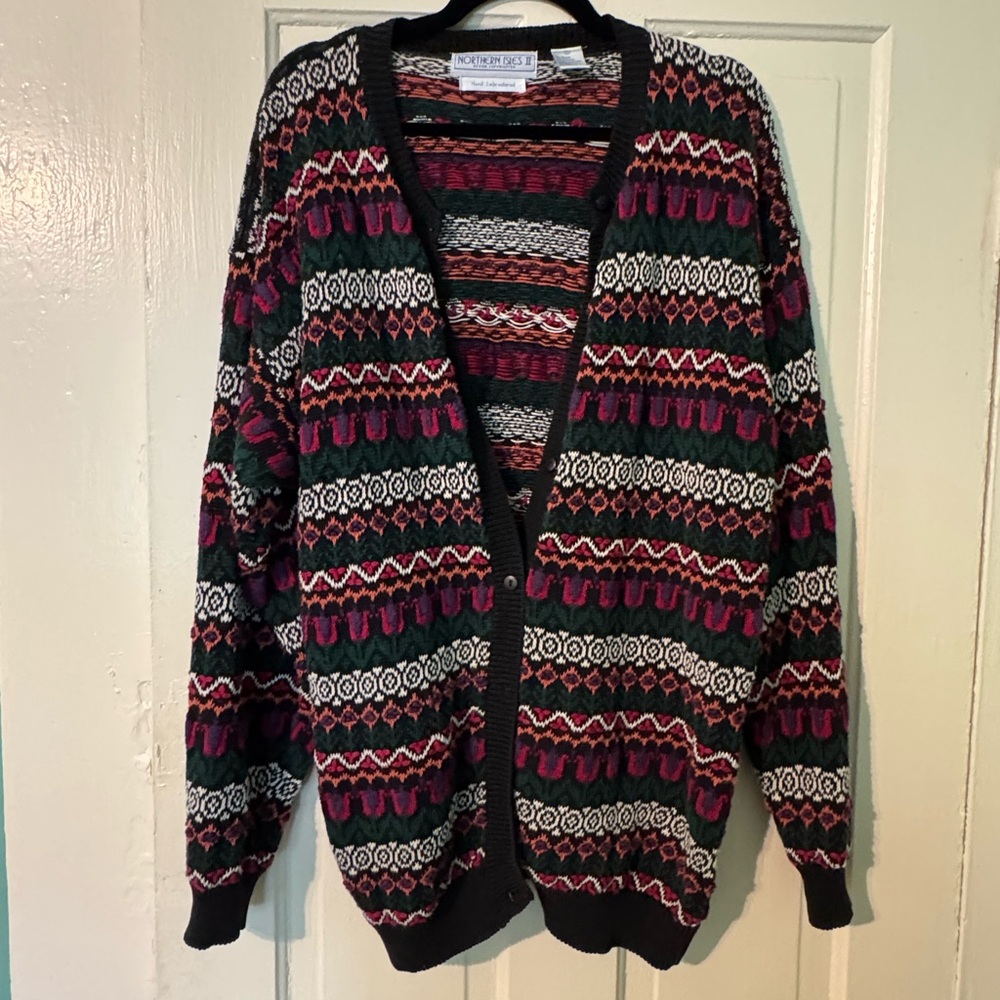 Vintage Multicolor Patterned Cardigan Sweater - Black, Green, Red, Pink, White